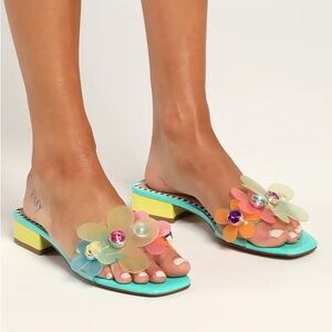 Betsey Johnson Turquoise Multi Vinyl Flower Slide Sandals Kitten Heel